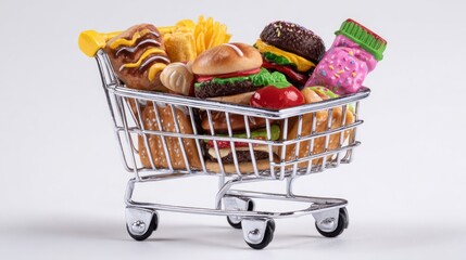 A shopping cart filled with various types of fast food and snacks.