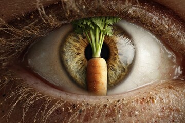 surreal close-up of an eye with a carrot in the pupil, blending realism and fantasy.