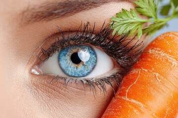 human eye next to carrot, natural nutrition, vitamins, and eye health