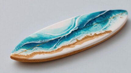 A surfboard cookie is decorated with ocean waves and sandy beach art.