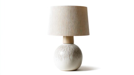 A simple ceramic table lamp with a textured base and fabric shade stands on a white background.