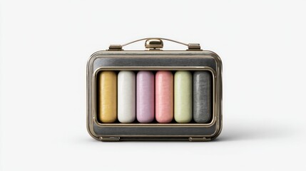 A vintage tin box filled with colorful candies sits on a plain background.