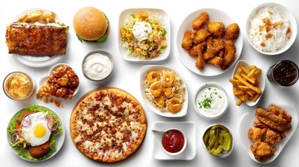 A variety of delicious fast food dishes are displayed on a white background.