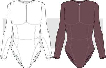Women's Fitted Long Sleeves Bodysuit, Swimsuit Technical Fashion drawing, illustration. Bodysuits with half zipper vector. CAD, Mockup.