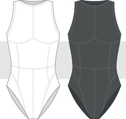 Women's Sleeveless Bodysuit, Swimsuit Technical Fashion drawing, illustration. Stylish Swimsuit vector. CAD, Mockup.
