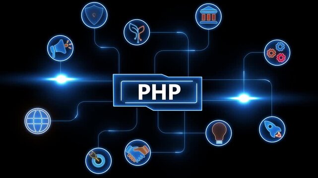 PHP scripting language diagram with connected technology and business icons on a dark background network