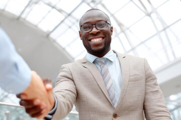 Business people standing in office making deal on meeting. Two cheerful men shaking hands.