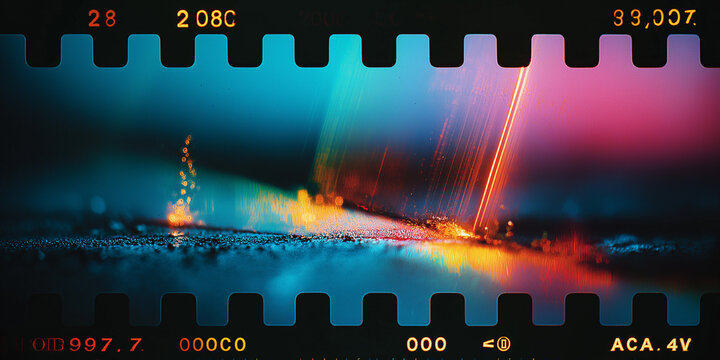 Macro close-up of 35mm film strip texture with intense neon teal and magenta light leaks, glowing orange streak and spark-like dust, sprocket border with frame markings, cinematic abstract banner