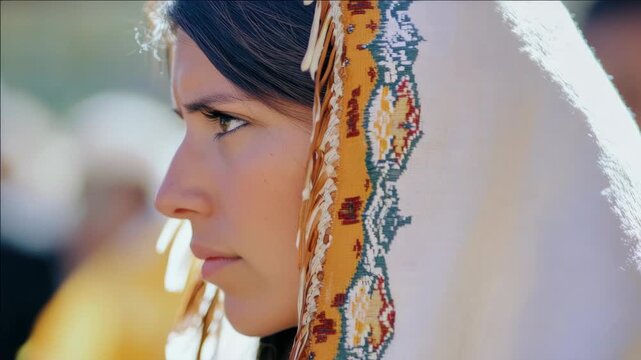 A woman wearing a colorful headscarf with intricate patterns and designs.
