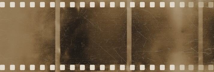 Horizontal strip of vintage 35mm film stock with sprocket holes, sepia brown frames and distressed scratches, faded analog texture background, retro cinema reel banner with empty copy space