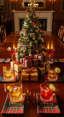 Festive Christmas Dinner Setting: Decorated Tree, Gifts, Spirits, and Plaid Tableware in a Traditional Dining Room