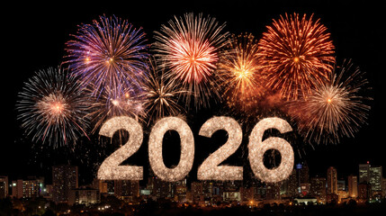 Naklejka premium Spectacular 2026 fireworks celebration lighting up city night skyline with vibrant colors, concept of new york