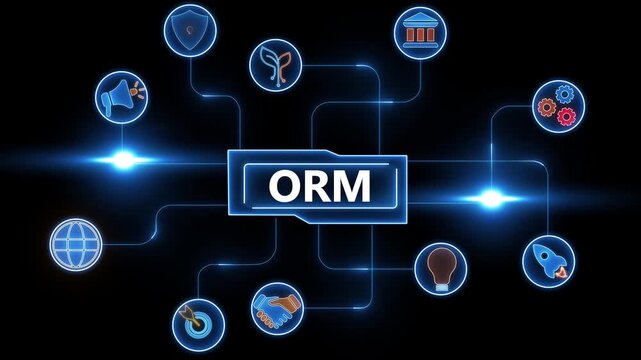 Digital ORM concept with interconnected icons representing online reputation and brand management on a dark background