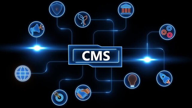 Digital CMS concept with interconnected icons representing content management and digital strategy on a dark background