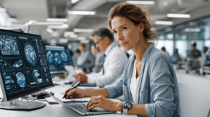 Woman analyzing medical data on laptop and computer in modern office, female scientist with colleagues, concept of research and science