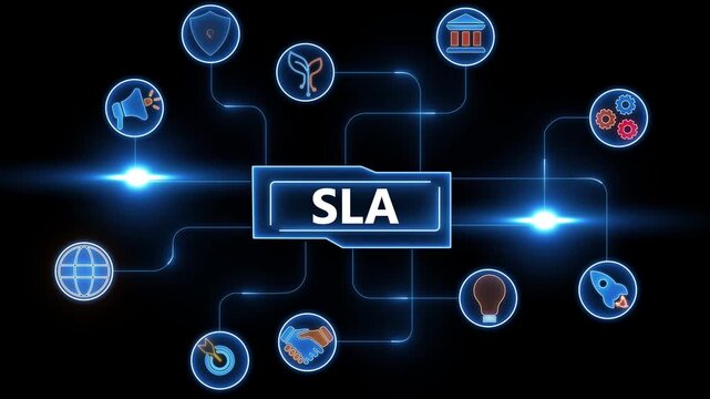 Digital SLA concept with interconnected icons representing service level agreements and performance metrics on a dark background