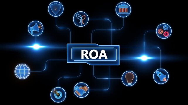 ROA acronym in a digital network diagram with glowing icons and connections on black background Keywords: ROA, acronym, network, diagram, technology, digital, connection, data, information