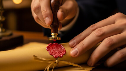 Person sealing a document with a red wax stamp