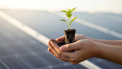 Hands cradling a young plant with solar panels in the background