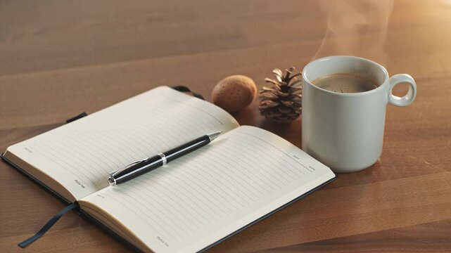 Open notebook and cup of coffee on wooden table, symbolizing writing, peaceful morning moments and cozy work or journaling time. Copy space for text