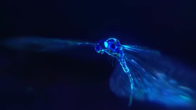 A glowing, stylized dragonfly with iridescent wings, against a dark blue background
