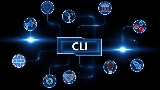Digital network diagram with CLI in center and various icons connected by lines command line interface