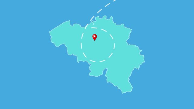 Belgium,  Brussels Map with Location Pin and Airplane Travel Route Animation