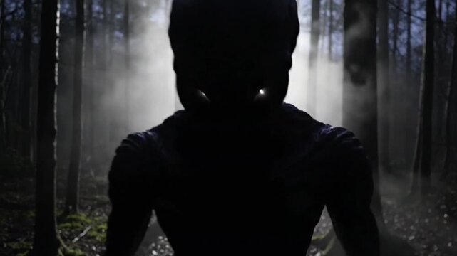 A mysterious silhouette emerges from the deep, misty forest, embarking on an ominous journey into the unknown wilderness, seeking a hidden path