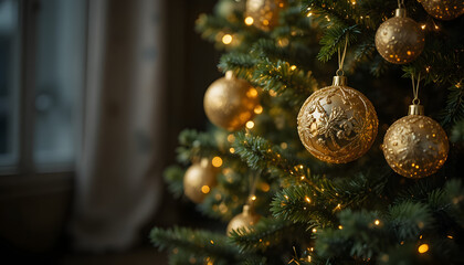 Close-Up Christmas Tree Branch with Gold Baubles and Soft Bokeh Lights for Festive Backgrounds