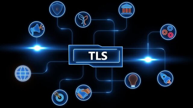Digital network diagram with central text TLS and surrounding icons representing business and technology concepts