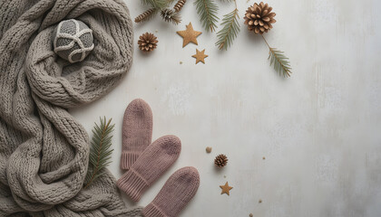 Cozy Winter Clothes Flat Lay with Christmas Decorations, Pine Branches, Stars and Natural Holiday Styling