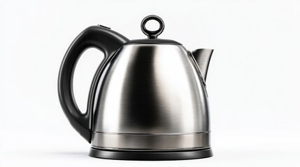 A modern stainless steel electric kettle with a black handle sits on a white background.