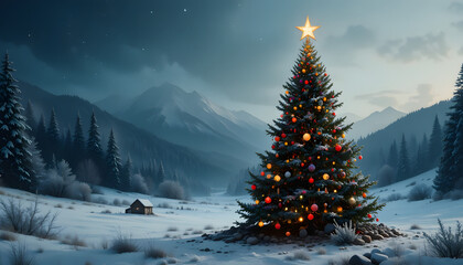 Christmas Tree in Snowy Mountain Landscape with Winter Night Sky and Festive Lights