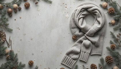 Cozy Christmas Flat Lay with Grey Knit Scarf, Pinecones and Winter Decorations on Neutral Background