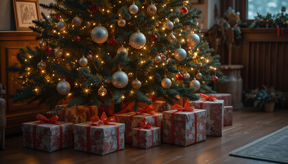 Close-Up Decorated Christmas Tree with Golden Ornaments and Wrapped Gifts for Festive Holiday Designs