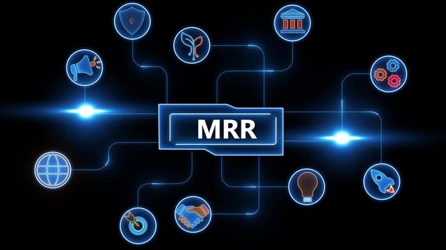 Digital network diagram with MR acronym in center surrounded by icons representing business and technology concepts on a dark background