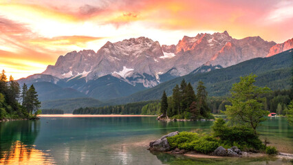 Summer sunrise at eibsee lake