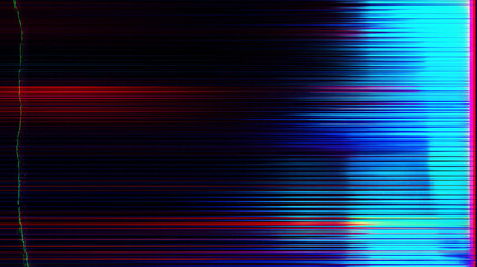 Glitchy CRT screen background with colorful horizontal scanlines, RGB distortion and digital noise, neon blue and red interference bands, retro VHS error texture overlay for tech poster, cyberpunk 
