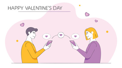 Happy couple messaging each other on valentine's day with heart emojis on mobile phones in a minimalist style