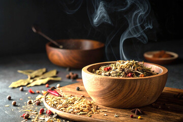 Wooden bowl with herbs and smoke