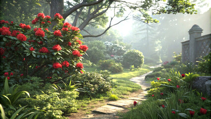 Red blooms in lush greenery