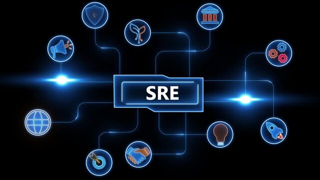 SRE acronym in glowing blue box surrounded by interconnected icons on black background business technology
