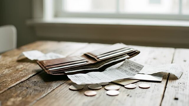Wallet is open on wooden table with receipts and coins scattered. Messy setting inside home reflecting financial disorganization. Concept of finance, budgeting, personal finance