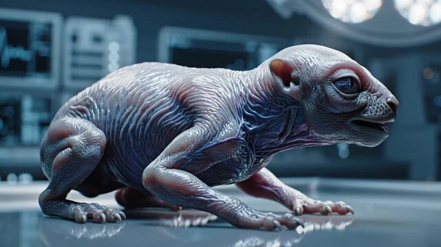 Unusual hairless creature in a controlled laboratory setting, representing advanced biological research and genetic study