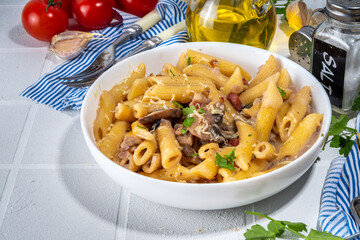 Penne pasta with carbonara mushroom sauce