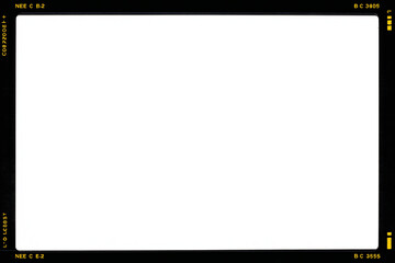 Clean minimalist 35mm film border frame with black edge and small yellow film markings, large blank white center copy space, analog photo scan style template for poster, mockup, banner, slideshow