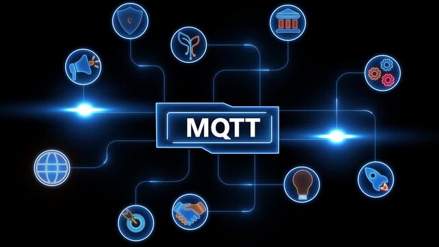MQT concept diagram with interconnected icons and glowing blue lights on black background MQTT technology