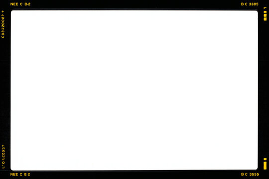 Clean minimalist 35mm film border frame with black edge and small yellow film markings, large blank white center copy space, analog photo scan style template for poster, mockup, banner, slideshow
