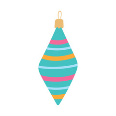 Christmas ornament vector illustration. Bright colorful striped rhombus shaped bauble for xmas tree isolated on white background. Retro holiday decor element for merry winter design, print, cards
