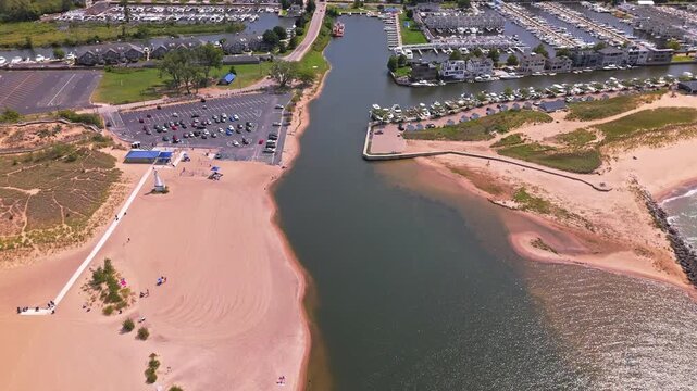 High aerial orbit of stunning New Buffalo Beach